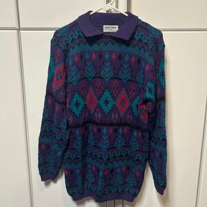 Alfred Dunner Vintage Purple Southwestern Geometric Knit Polo Sweater Medium